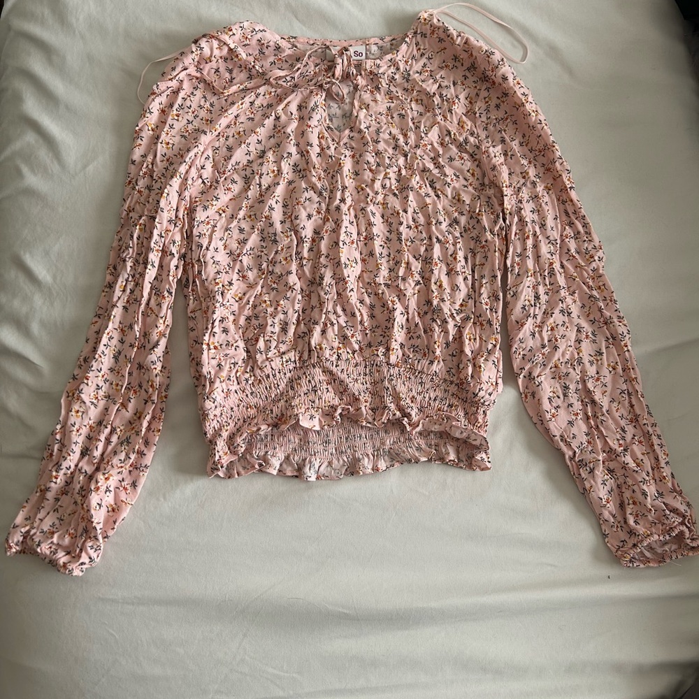 SO Pink Ruched Ruffled Long Sleeve Blouse